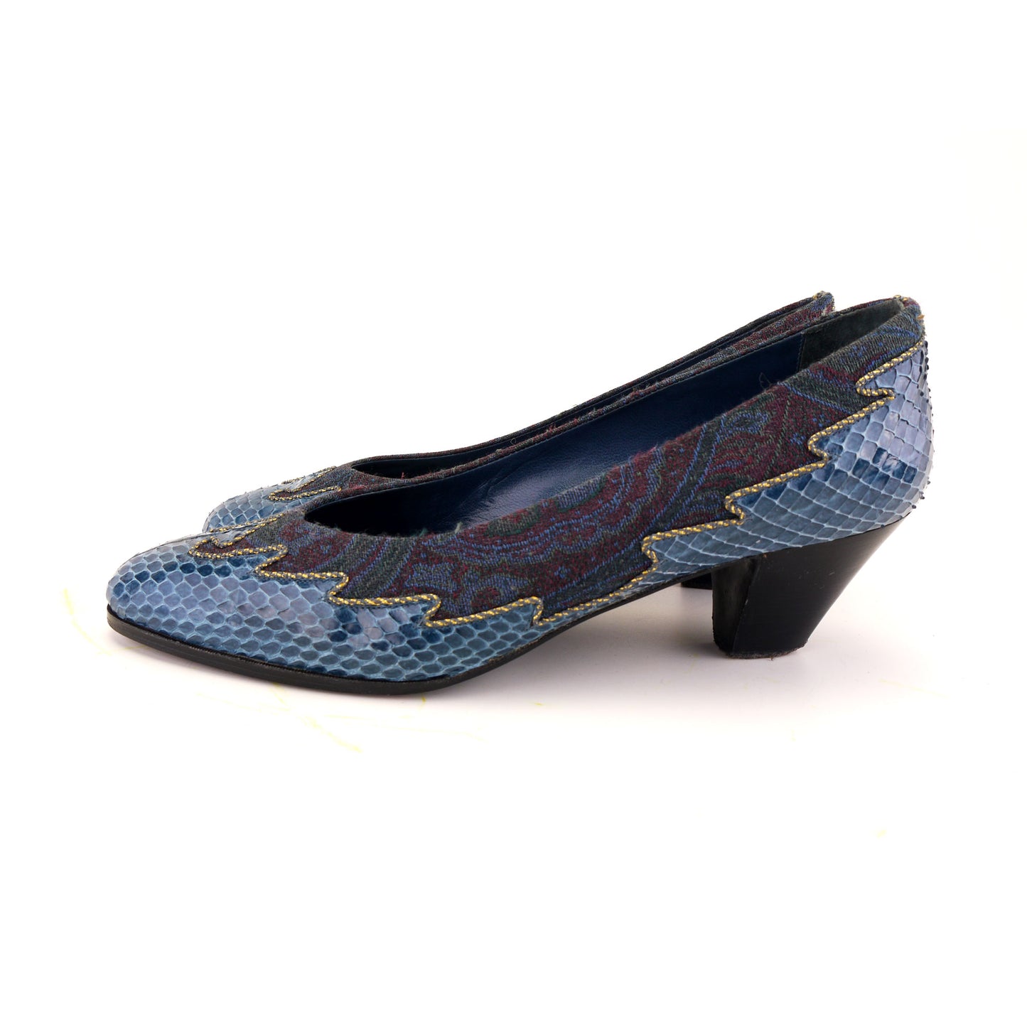 1980s Andrea Pfister Blue Brocade & Snakeskin Pumps UK 4