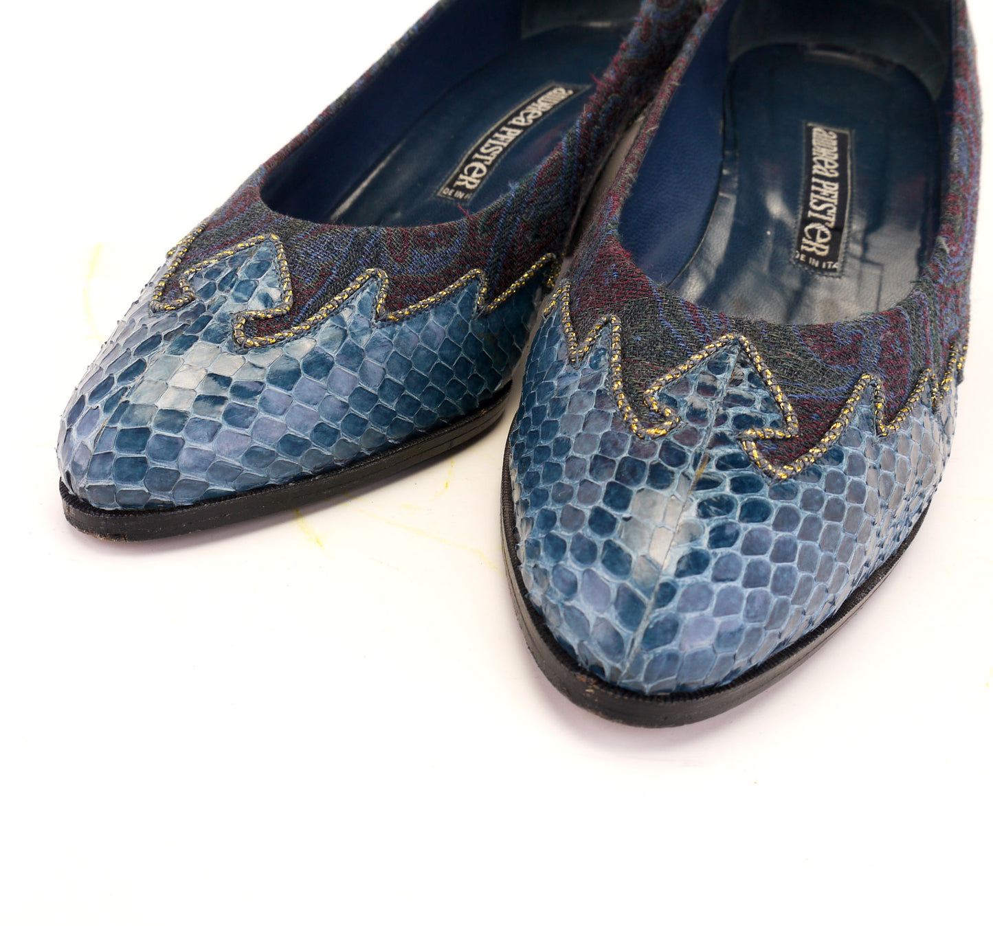 1980s Andrea Pfister Blue Brocade & Snakeskin Pumps UK 4