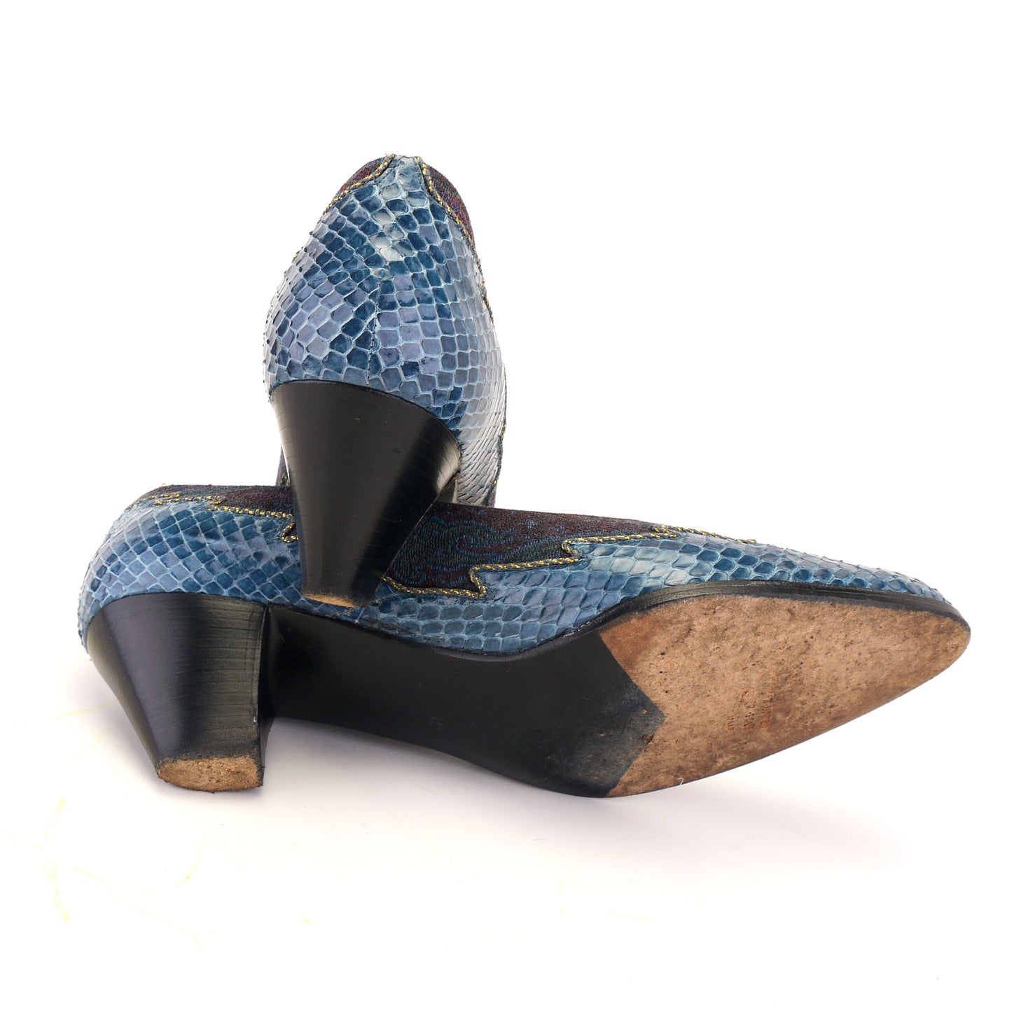 1980s Andrea Pfister Blue Brocade & Snakeskin Pumps UK 4