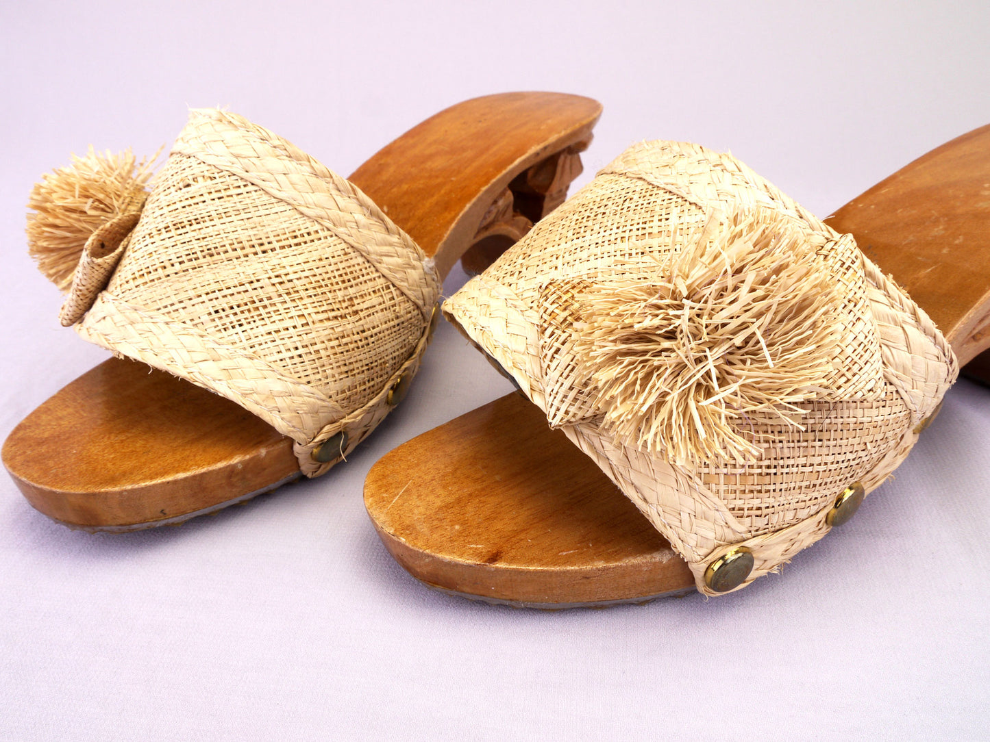 Hand Carved 1940s Philippine Mules with Pompom Sandals UK 4