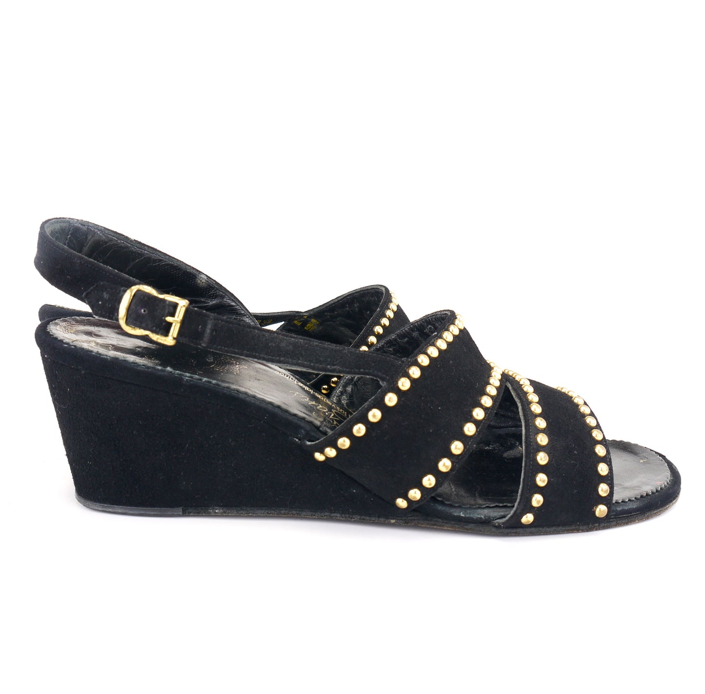 1950s Black Suede Studded Wedge Sandals UK 4.5
