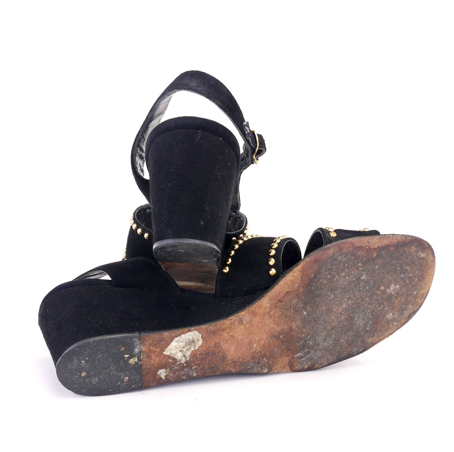 1950s Black Suede Studded Wedge Sandals UK 4.5