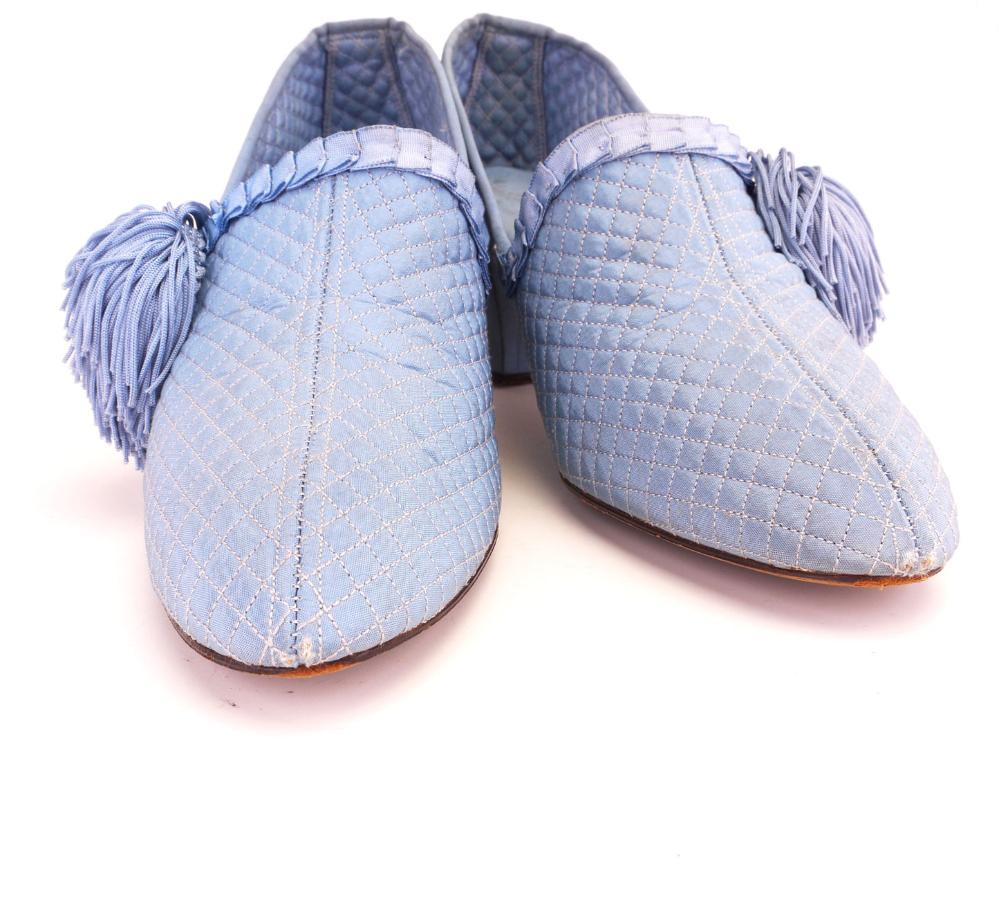 1930s Clematis Blue Quilted Slippers with Tassel UK 5.5