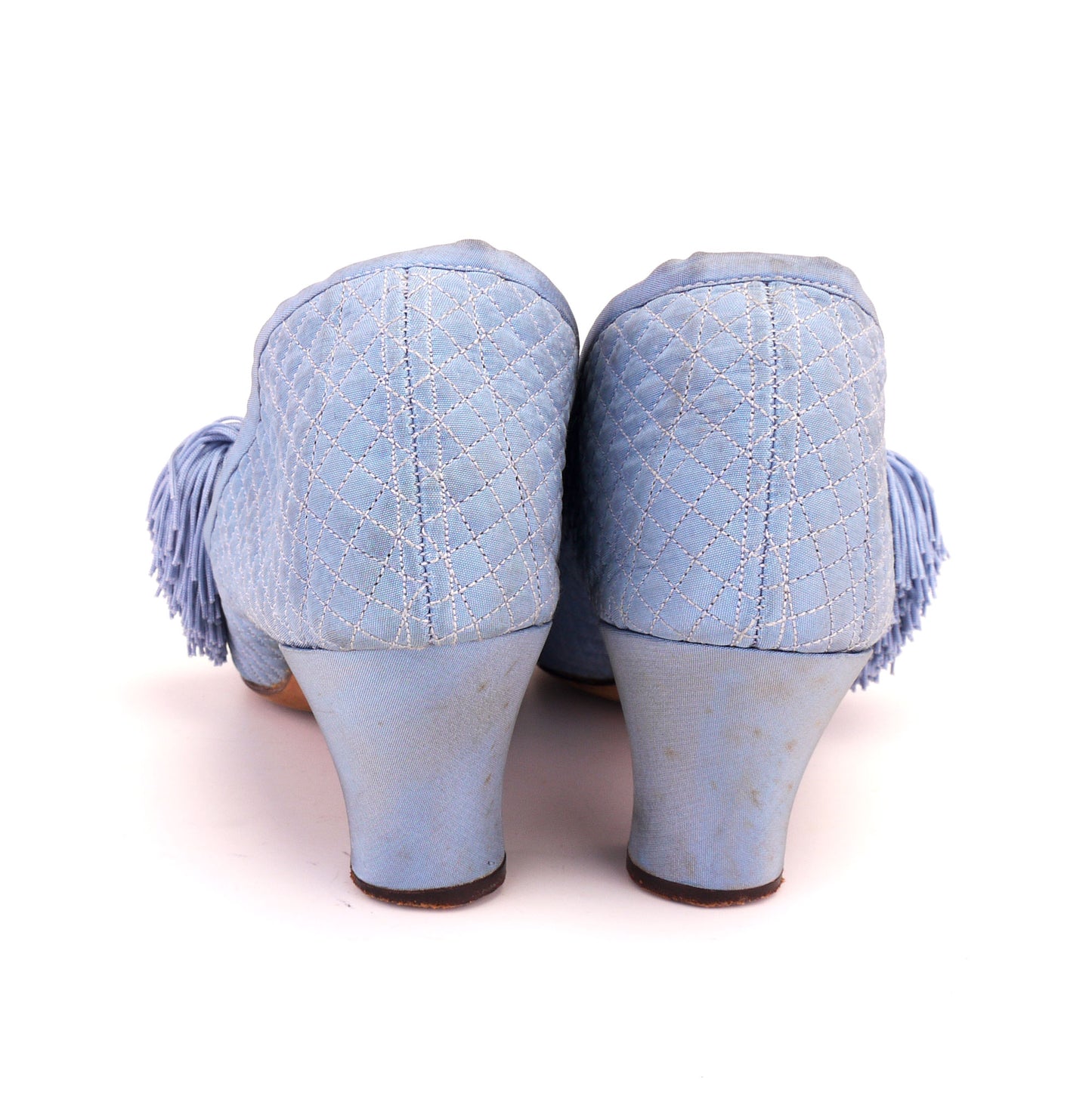 1930s Clematis Blue Quilted Slippers with Tassel UK 5.5