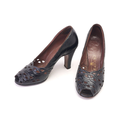 1940s Black 'Lace Effect' Peep Toes by Rayne UK 4