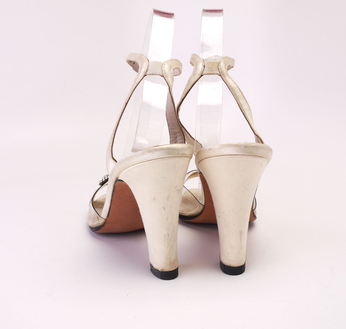 Rayne Mid 70s Ivory Satin & Clear Evening Sandals UK 3.5