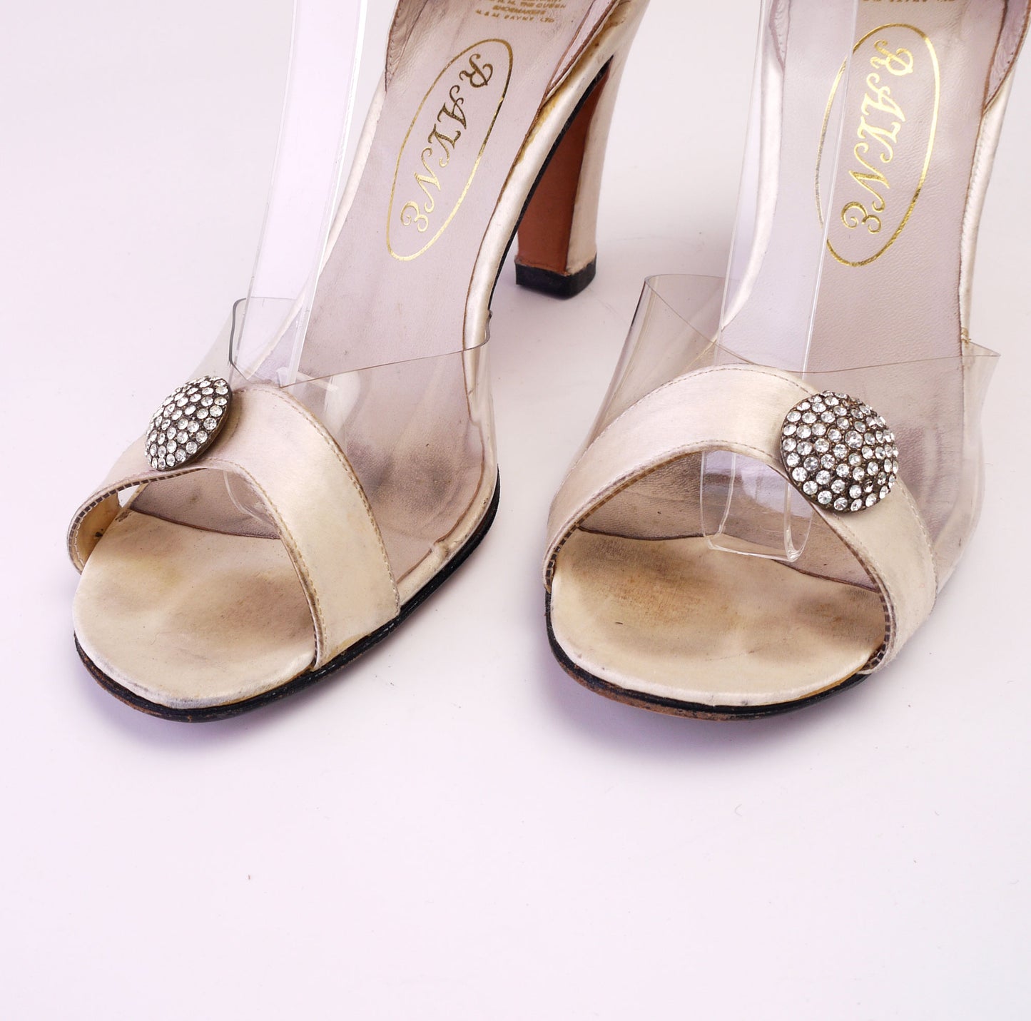 Rayne Mid 70s Ivory Satin & Clear Evening Sandals UK 3.5