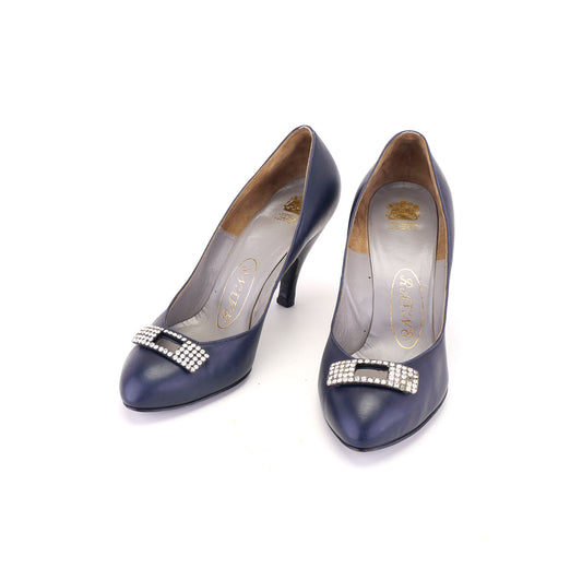 1950s Dark Blue Rayne Pumps w Rhinestone Bow UK 4.5