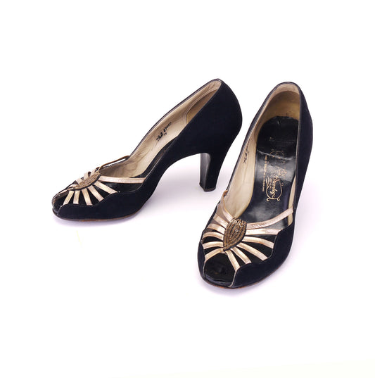 1940s / 50s Black n Gold Peep Toe Pumps by Russell & Bromley UK 5