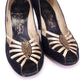 1940s / 50s Black n Gold Peep Toe Pumps by Russell & Bromley UK 5