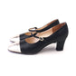 Rayne 1970s Black Satin Mary Janes w Gold Toe Cap UK 6.5