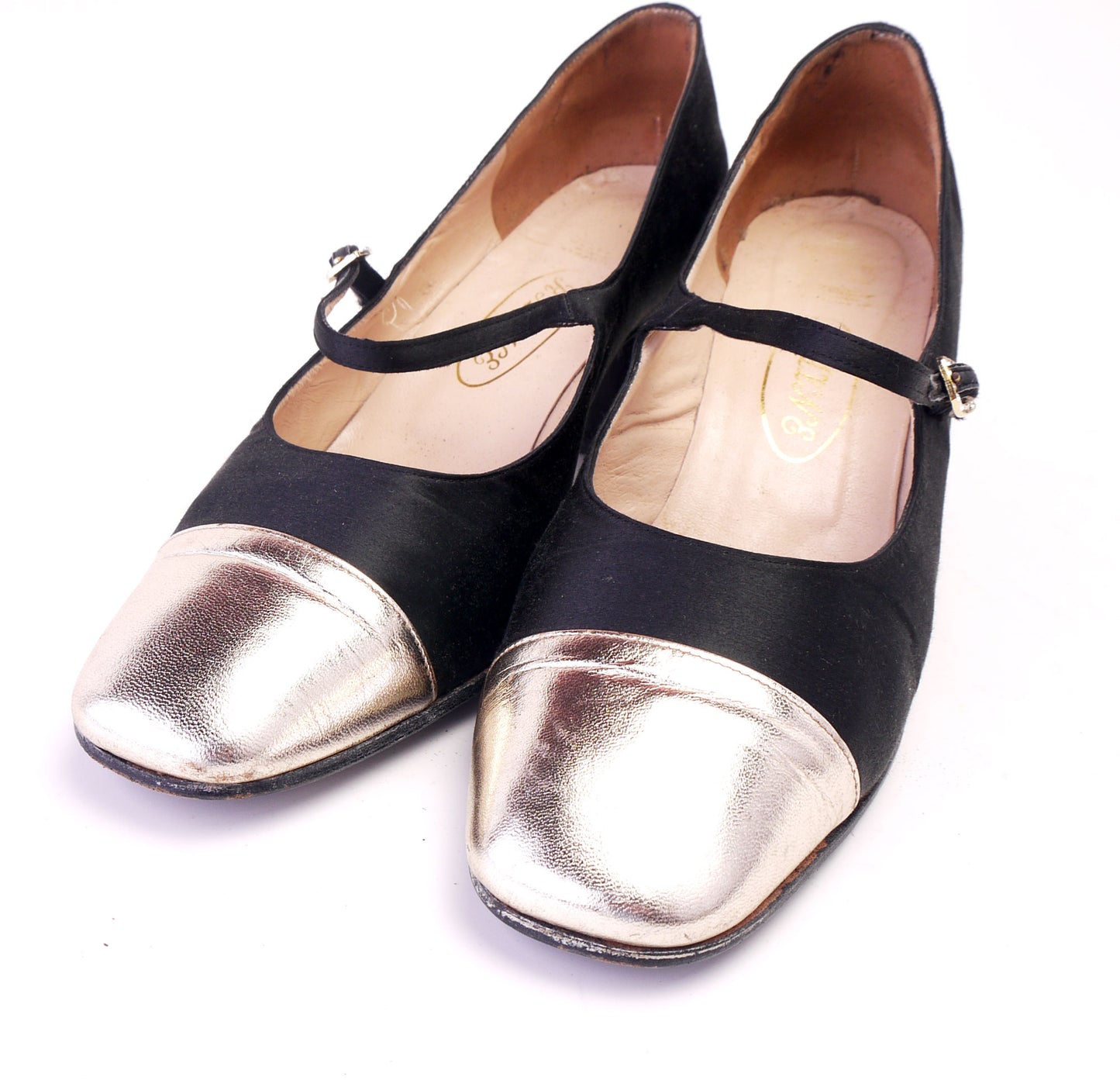 Rayne 1970s Black Satin Mary Janes w Gold Toe Cap UK 6.5