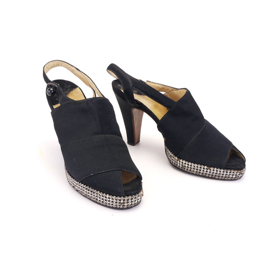 1940s Black Silk Slingbacks w Rhinestone Platform UK 4