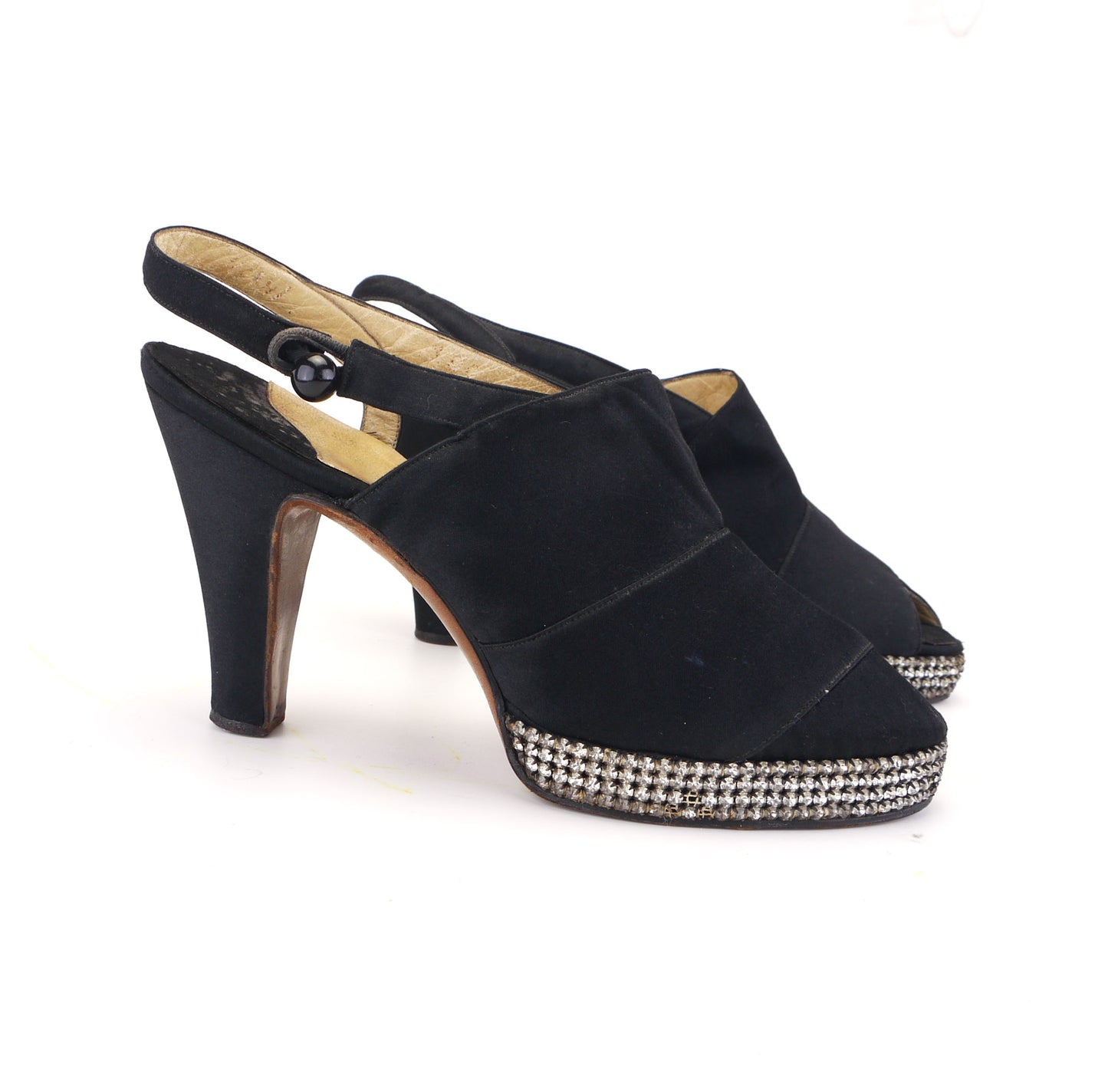 1940s Black Silk Slingbacks w Rhinestone Platform UK 4