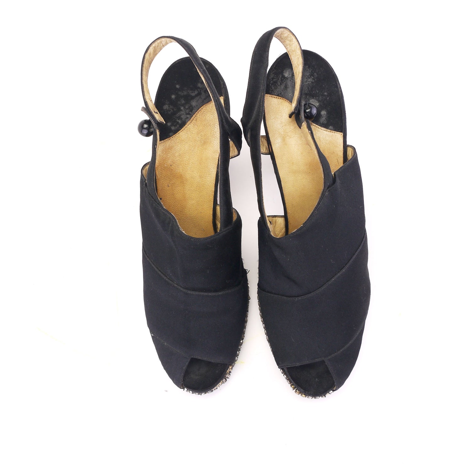 1940s Black Silk Slingbacks w Rhinestone Platform UK 4
