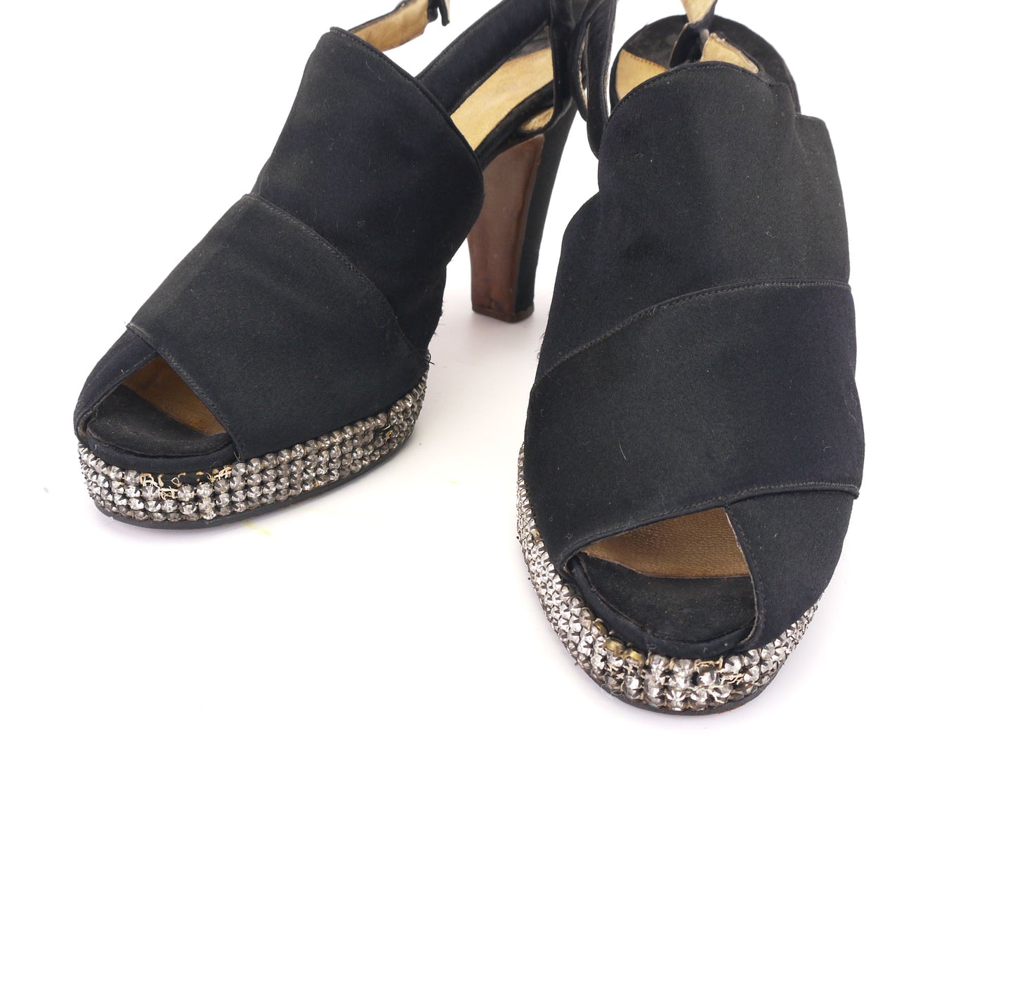 1940s Black Silk Slingbacks w Rhinestone Platform UK 4