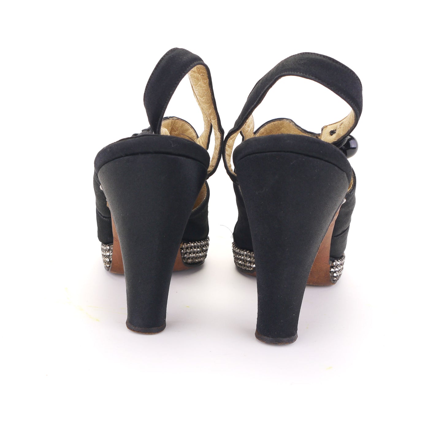 1940s Black Silk Slingbacks w Rhinestone Platform UK 4