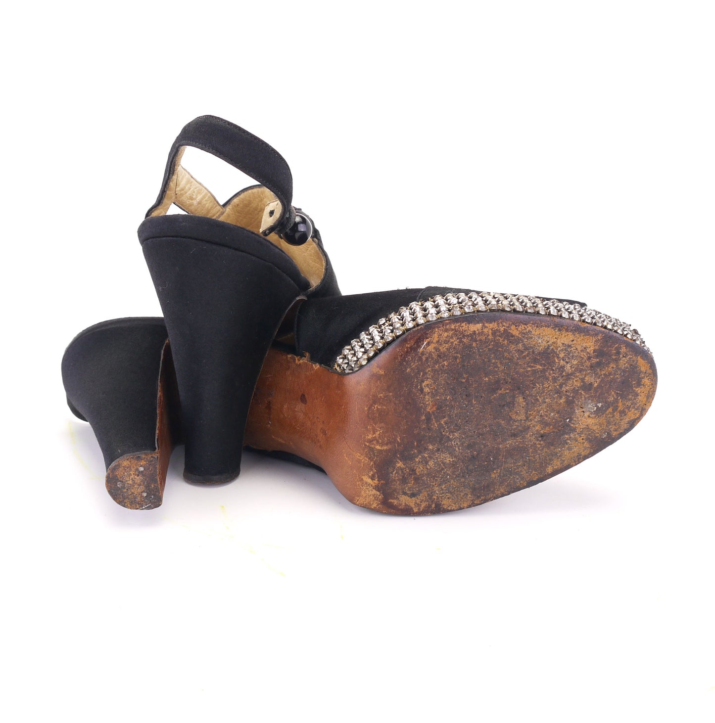 1940s Black Silk Slingbacks w Rhinestone Platform UK 4