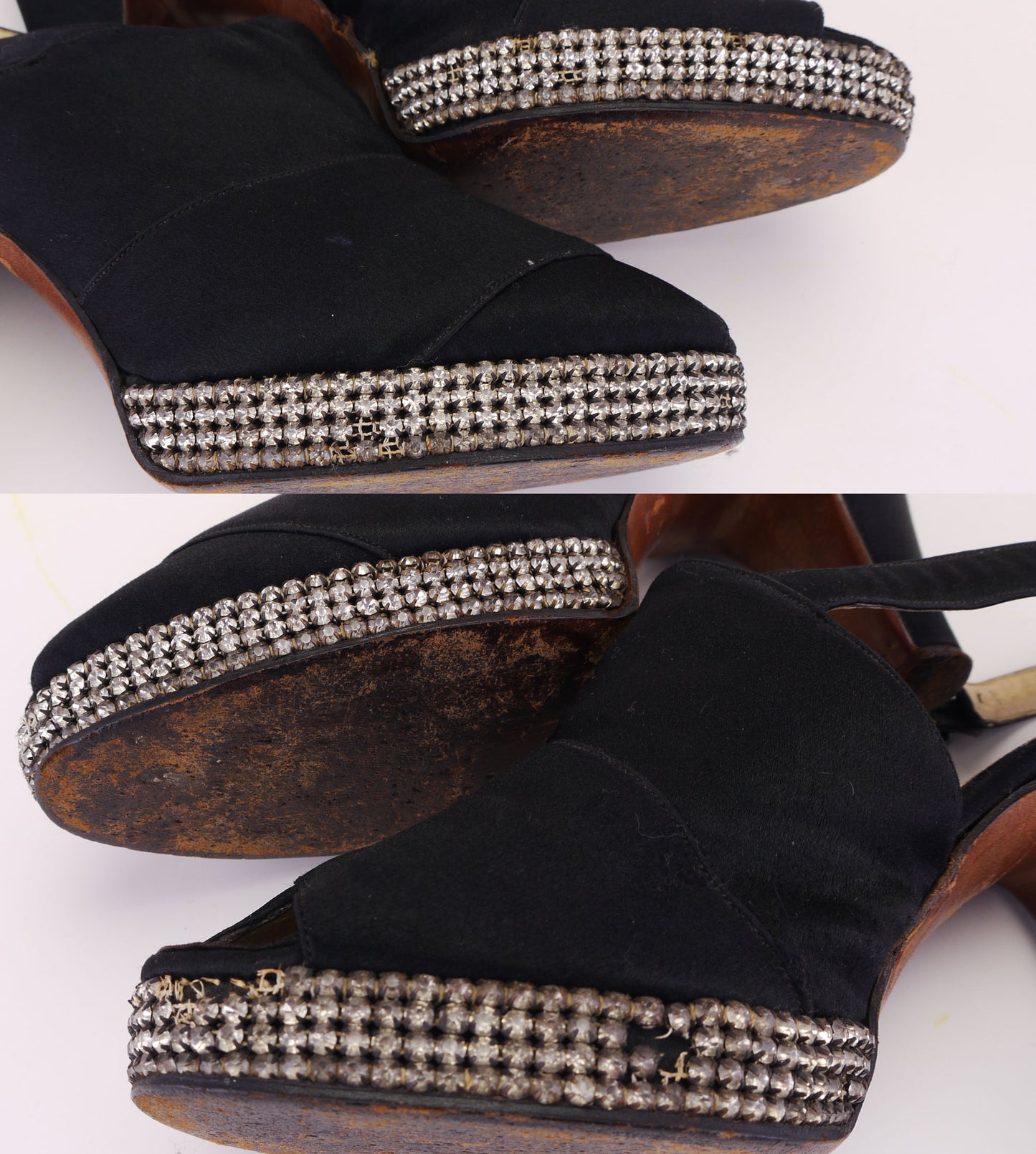 1940s Black Silk Slingbacks w Rhinestone Platform UK 4