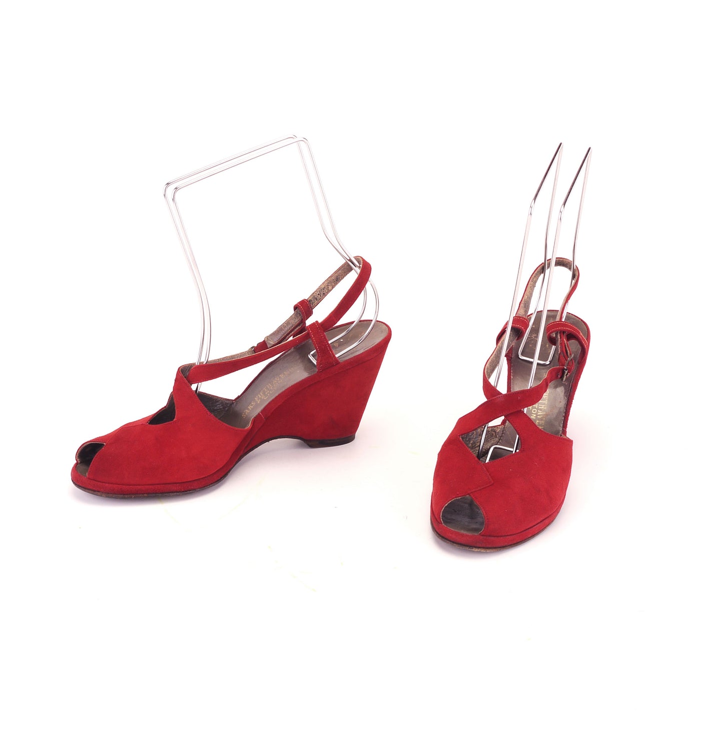 1940s Red Suede Wedge Sandals by Saks UK 6.5