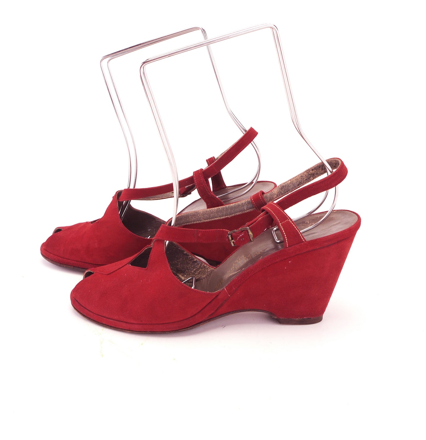 1940s Red Suede Wedge Sandals by Saks UK 6.5