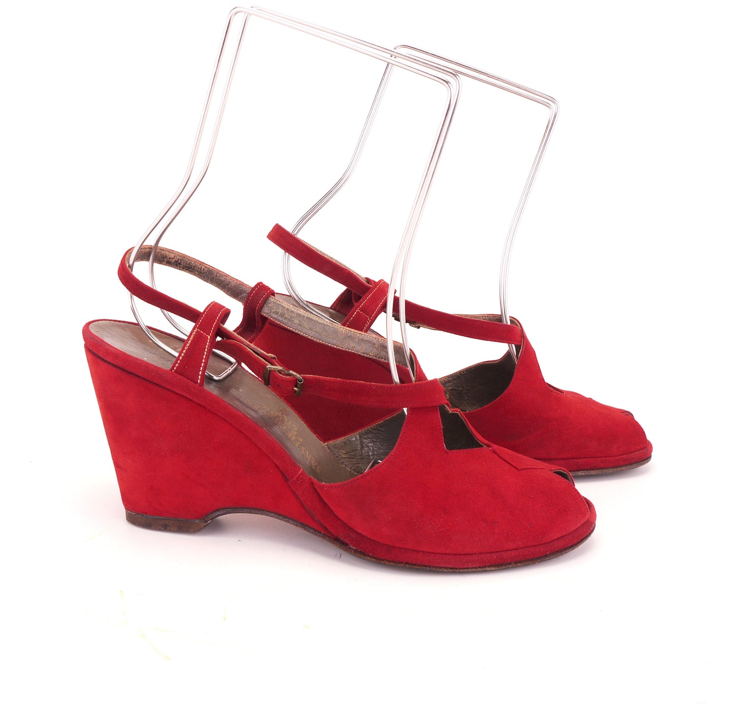 1940s Red Suede Wedge Sandals by Saks UK 6.5