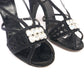 1950s Black Suede Evening Sandals w Large Stones UK 4.5