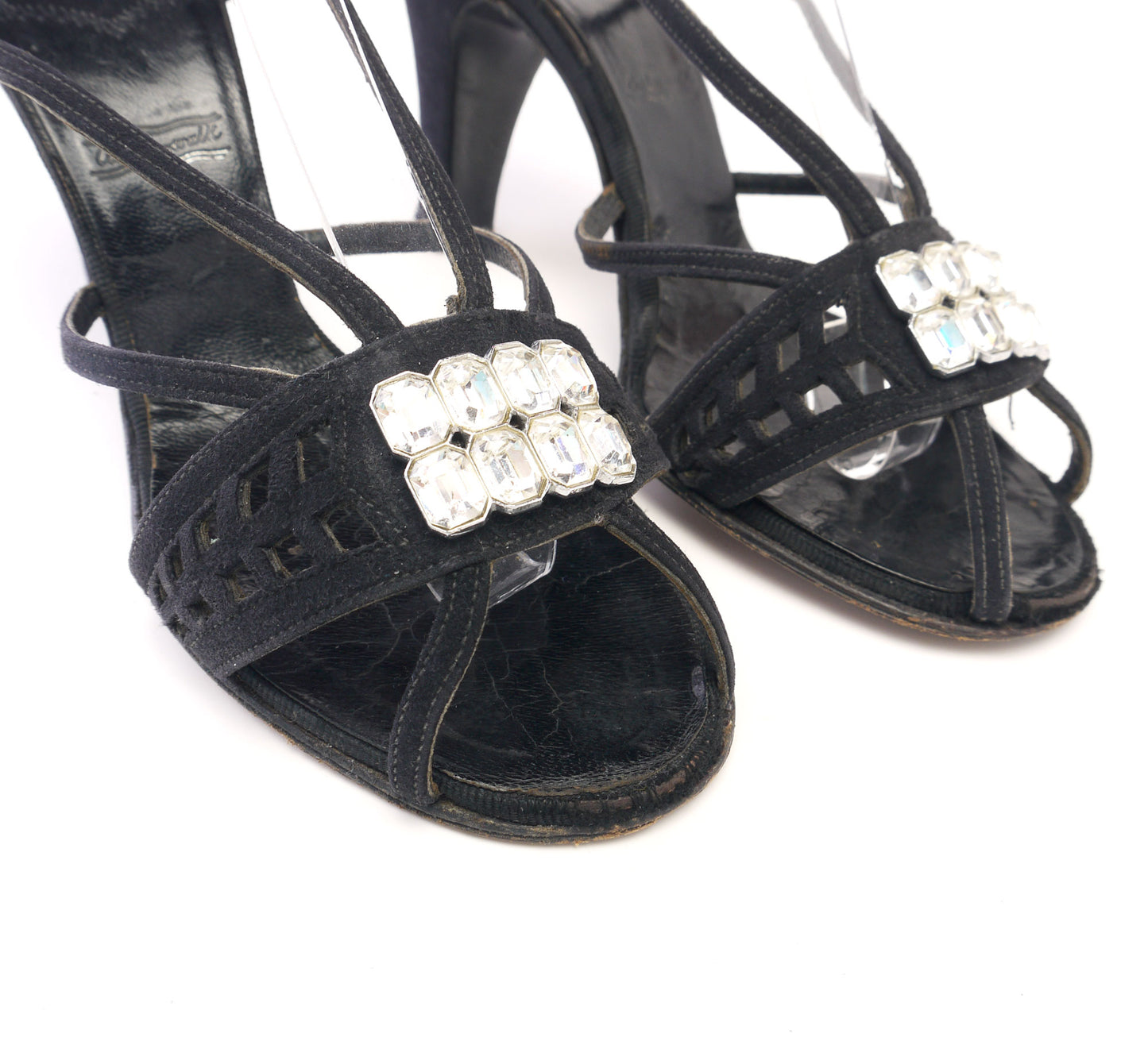 1950s Black Suede Evening Sandals w Large Stones UK 4.5