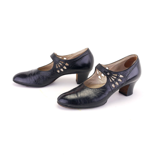1920s Black Mary Janes with Cutouts UK 6