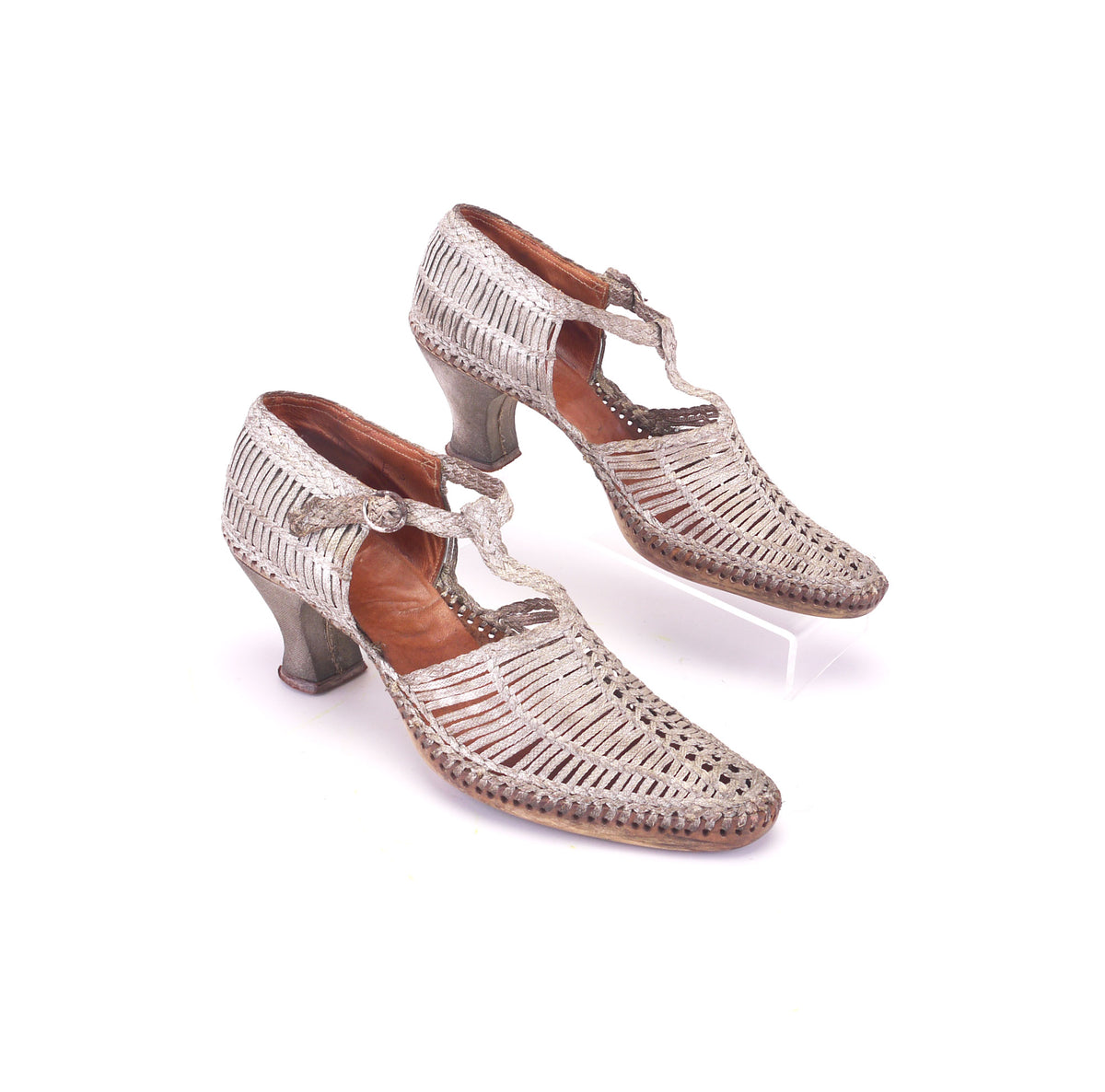 1920s Silver Sandals Metal Braid T Bars UK 3