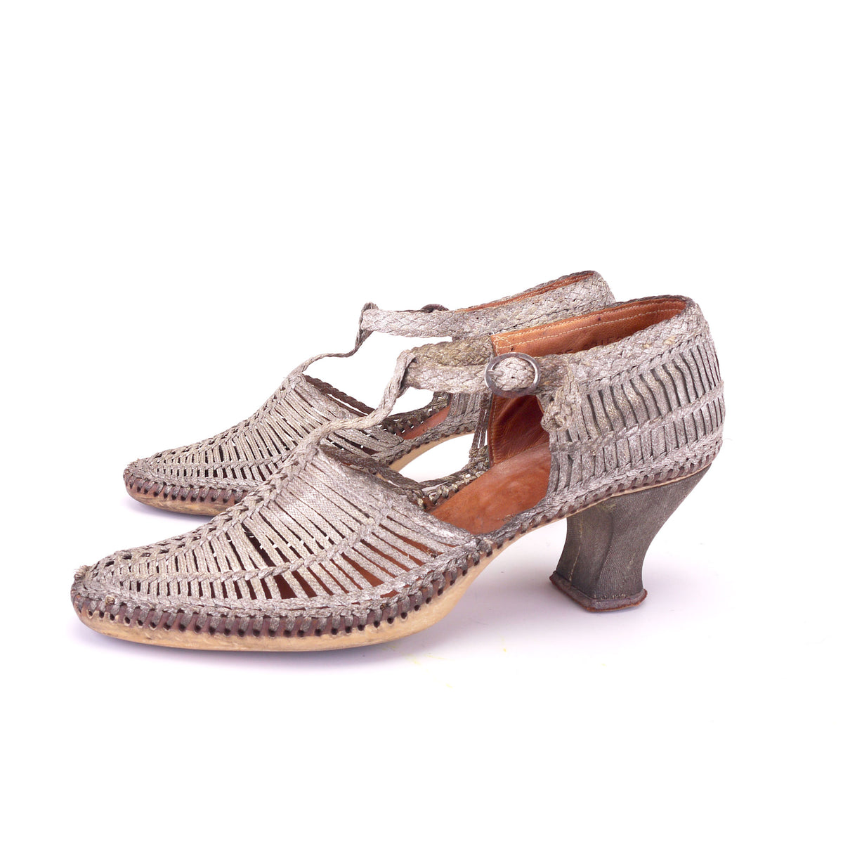 1920s Silver Sandals Metal Braid T Bars UK 3