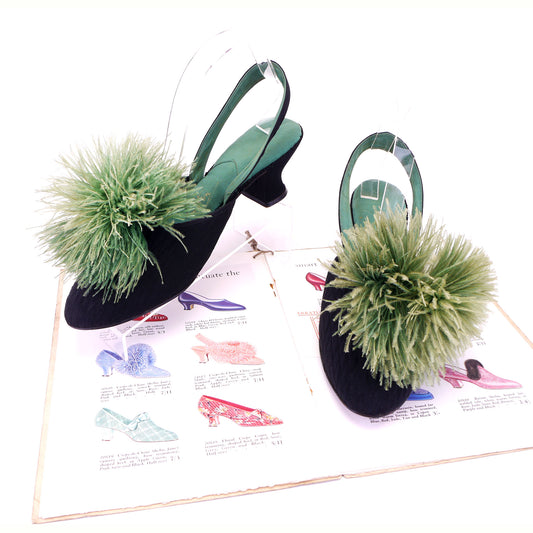 1930s Black & Apple Green Slippers w Feathers UK 6
