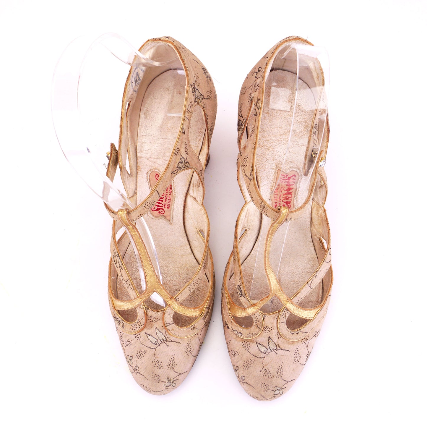 1930s Blush Pink Brocade T Bar Shoes by Sorosis UK 4.5