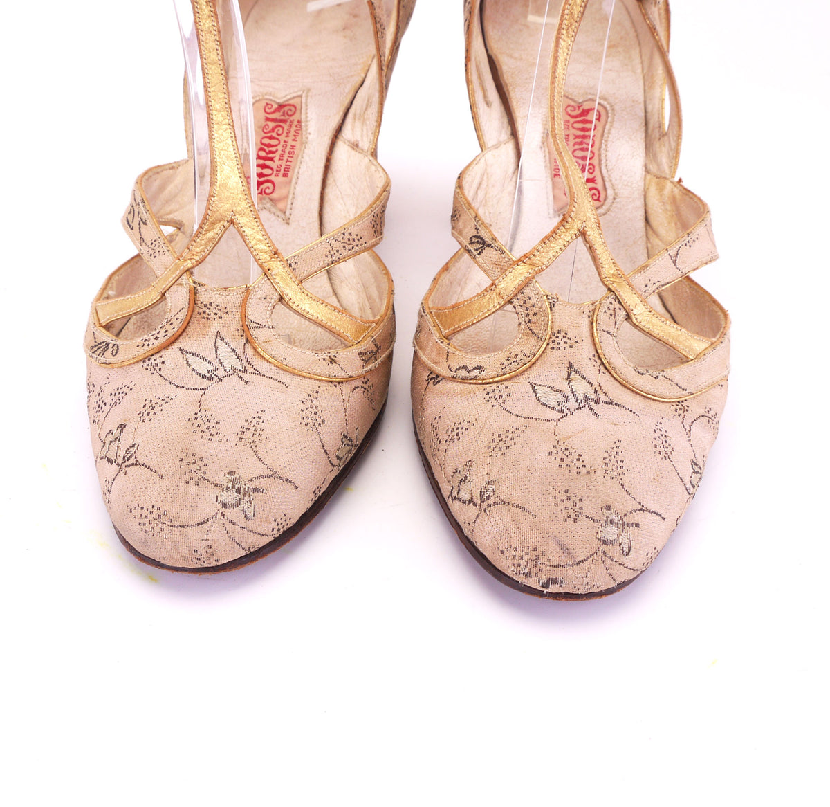 1930s Blush Pink Brocade T Bar Shoes by Sorosis UK 4.5