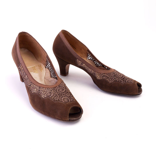 1940s 50s Taupe Brown Lace & Suede Peep Toes UK 8