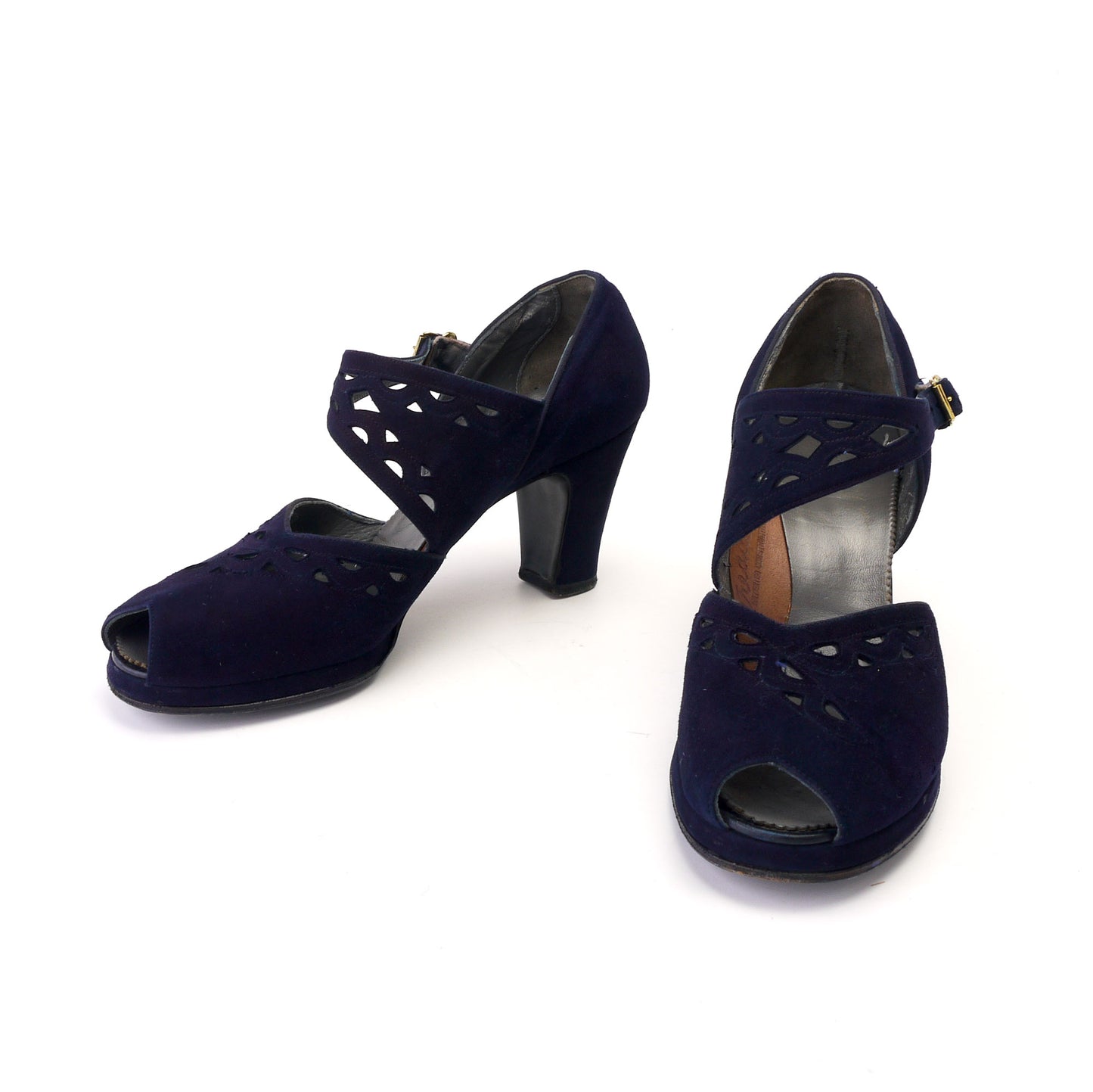 1940s Navy Suede Peep Toe with Fancy Strap UK 5