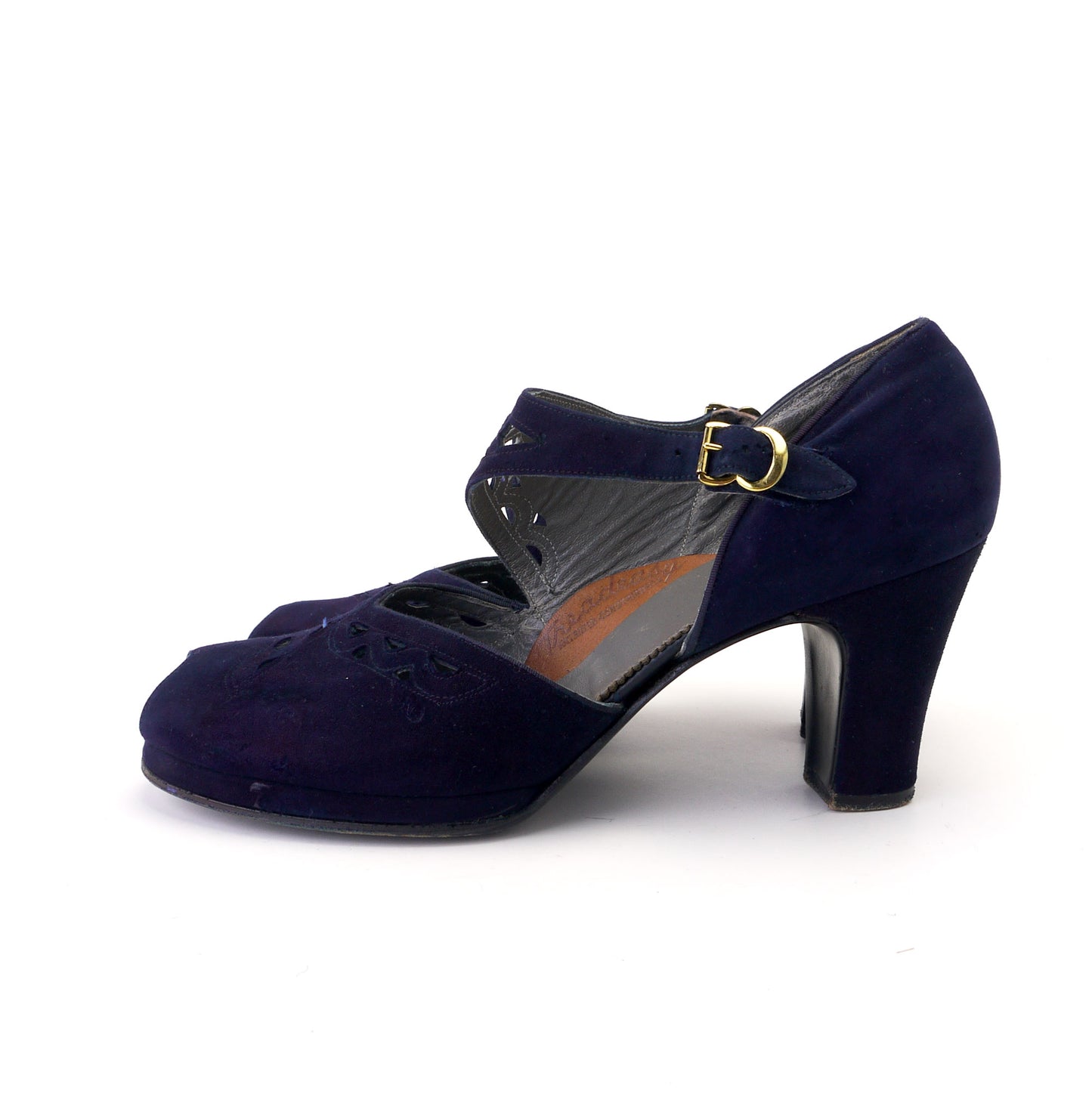 1940s Navy Suede Peep Toe with Fancy Strap UK 5