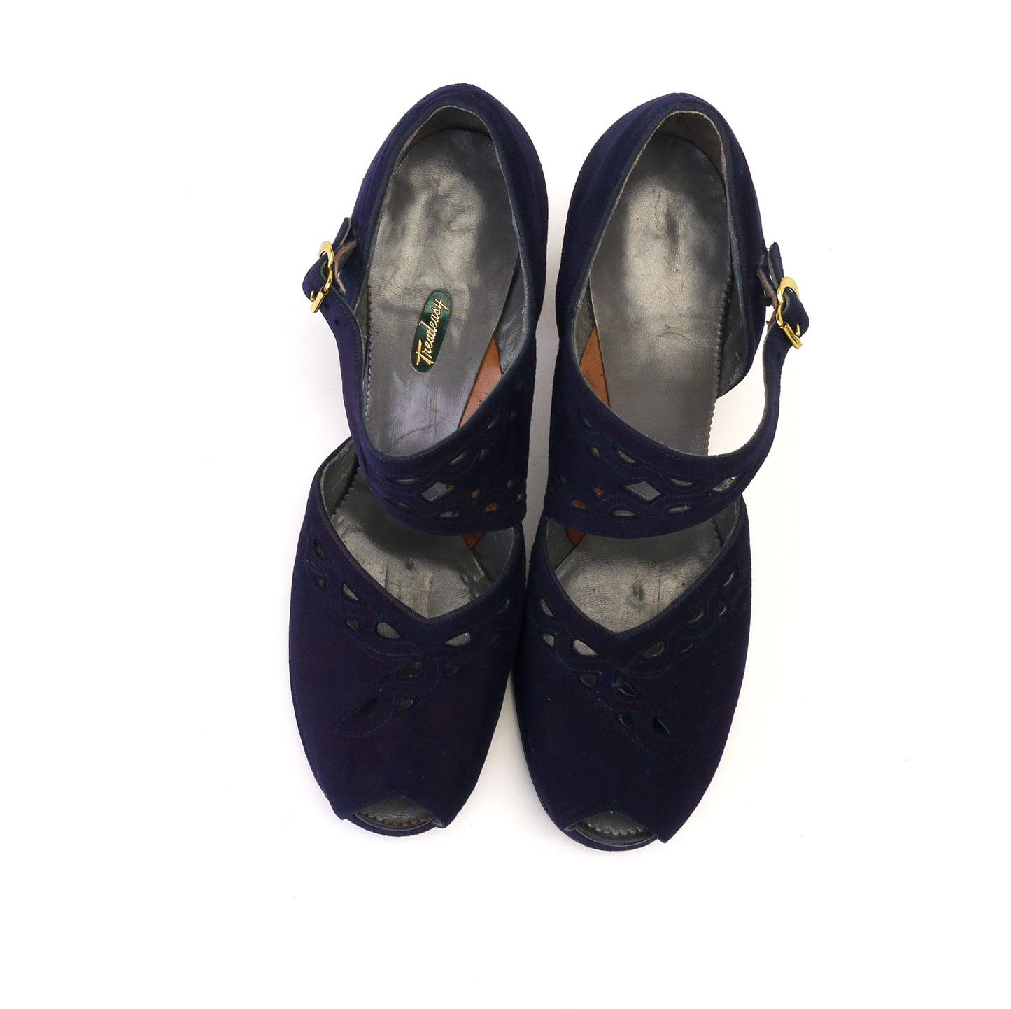 1940s Navy Suede Peep Toe with Fancy Strap UK 5