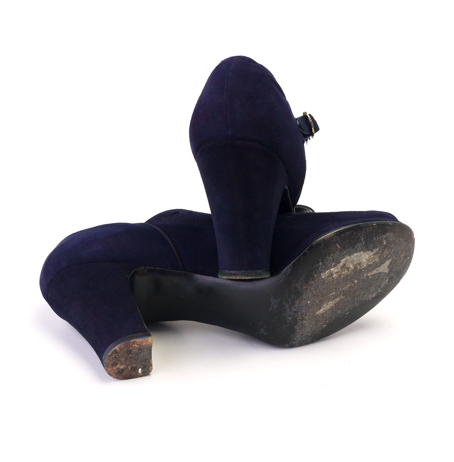 1940s Navy Suede Peep Toe with Fancy Strap UK 5