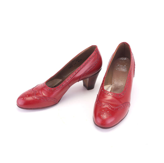 1950s Tomato Red Brogued Pumps by Waukeezi UK 6.5
