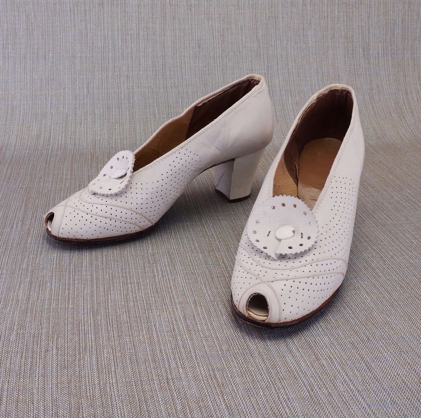 White Perforated Peep Toe Pumps UK 3.5