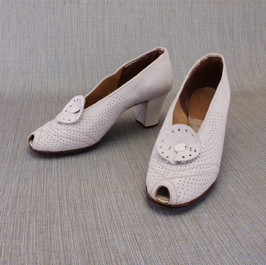 White Perforated Peep Toe Pumps UK 3.5