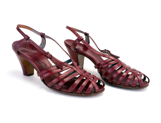 1940s Wine Red Strappy Dancing Sandals UK 7