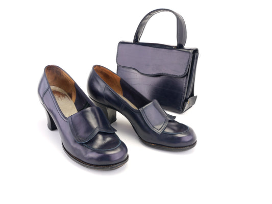 1930s 1940s Dolcis Navy Shoes & Bag Set UK 3.5