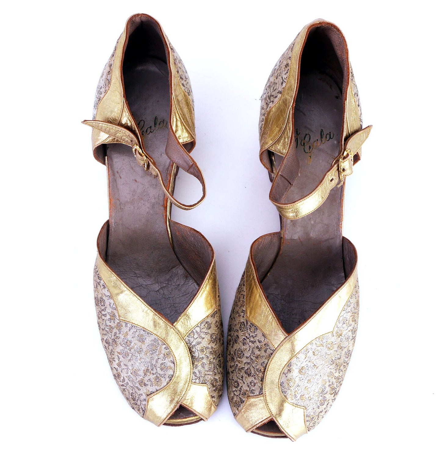 Incredible 1940s Wedge Gold Brocade Sandals Shoes UK 6.5