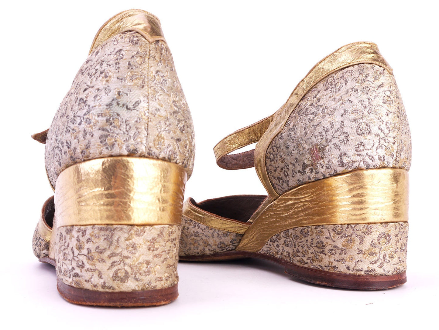 Incredible 1940s Wedge Gold Brocade Sandals Shoes UK 6.5