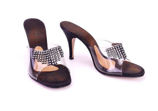 1960s Black Satin & Clear Vinyl Mules by Polly UK 4.5