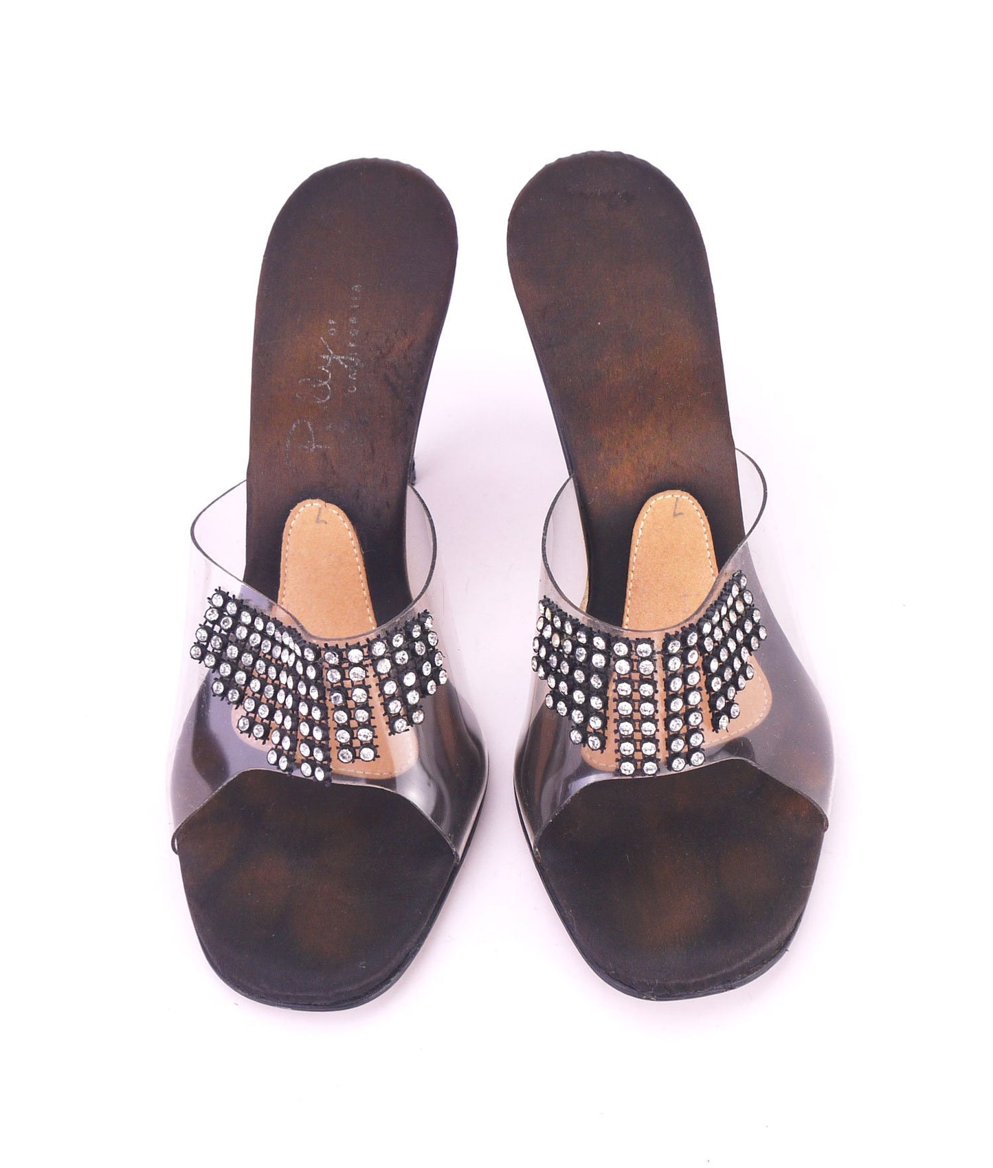 1960s Black Satin & Clear Vinyl Mules by Polly UK 4.5