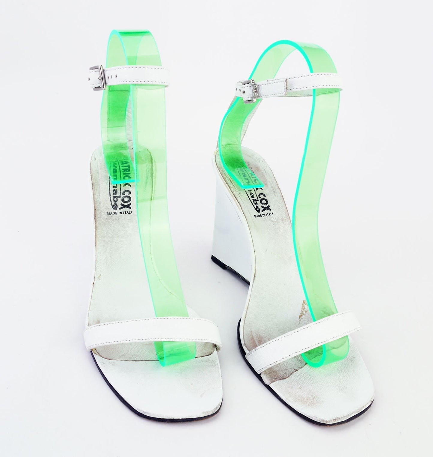 1990s Patrick Cox Wannabe White Plastic Wedge Heels Sandals UK4 - 5