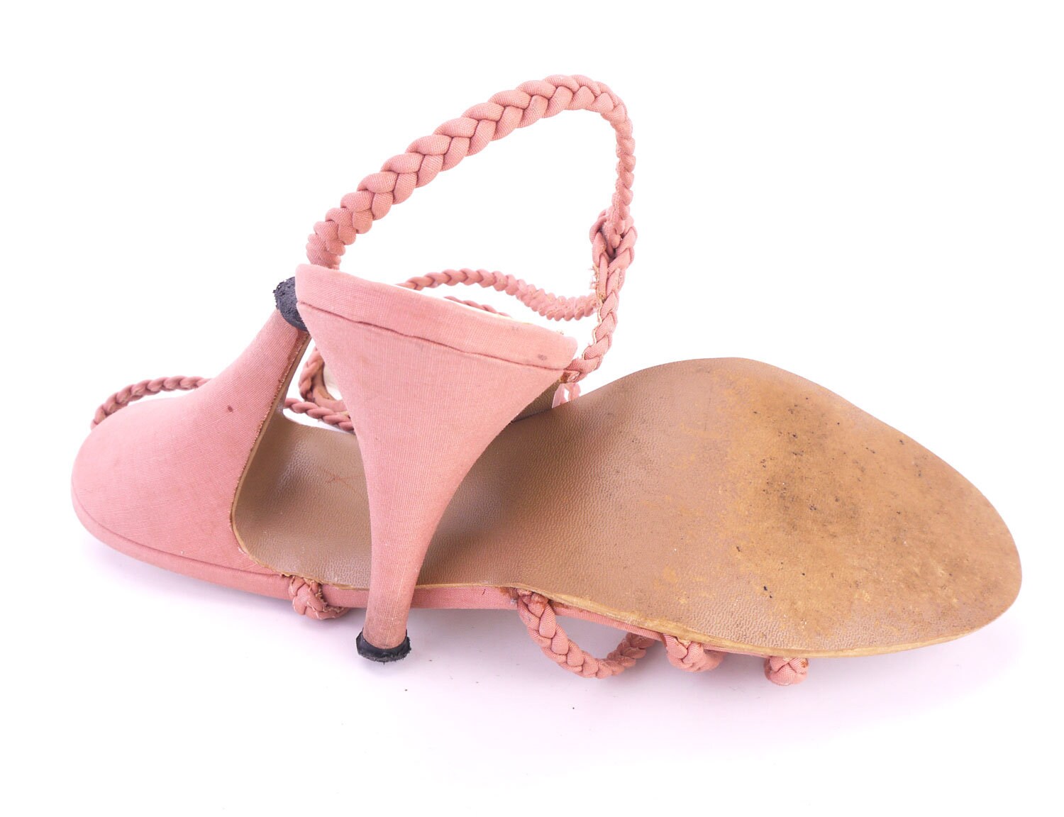 Salmon Pink Plaited Silk Strappy 1970s Sandals by Midas UK 4.5